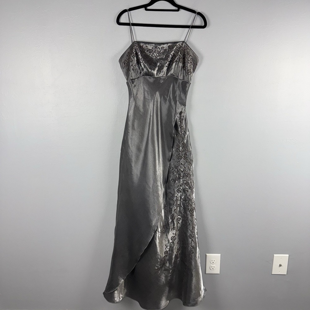 Kiki Vintage Maxi Dress Gown Women's S Silver Fairy 90s Prom Beaded Metallic